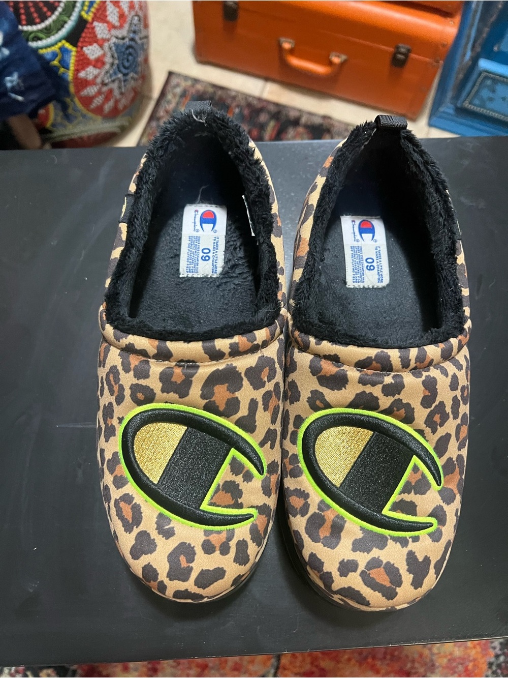 Champion Kids Leopard Print Slip-On Footies with Neon Logo